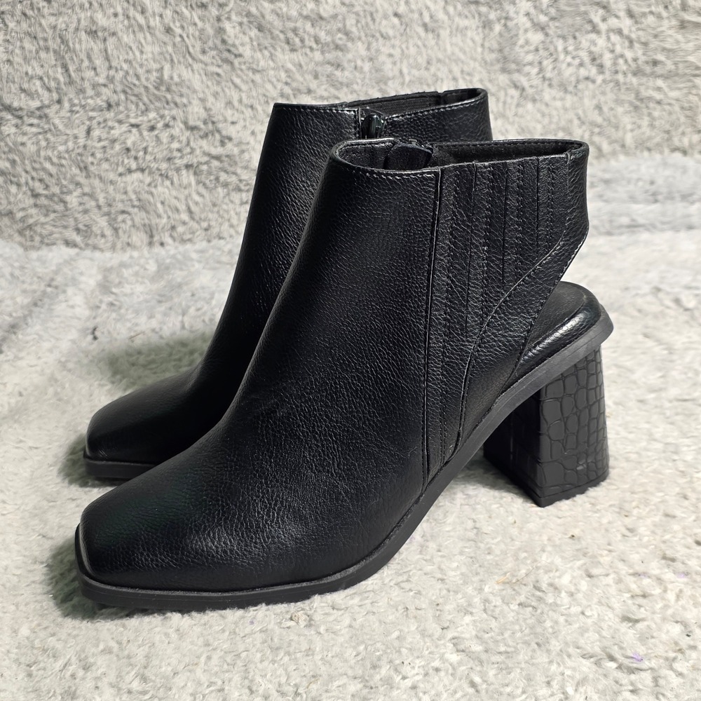Yellow Box Cutout Heel Ankle Boots Booties Black Croc Heel Womens 8.5‎ Excellent